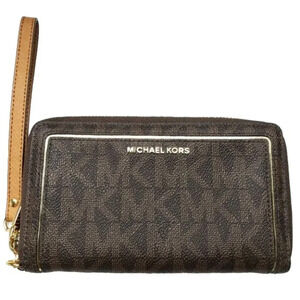 NWOT Michael Kors Brown & Gold Jet Set Pebbled Coated Zip Wristlet Wallet
